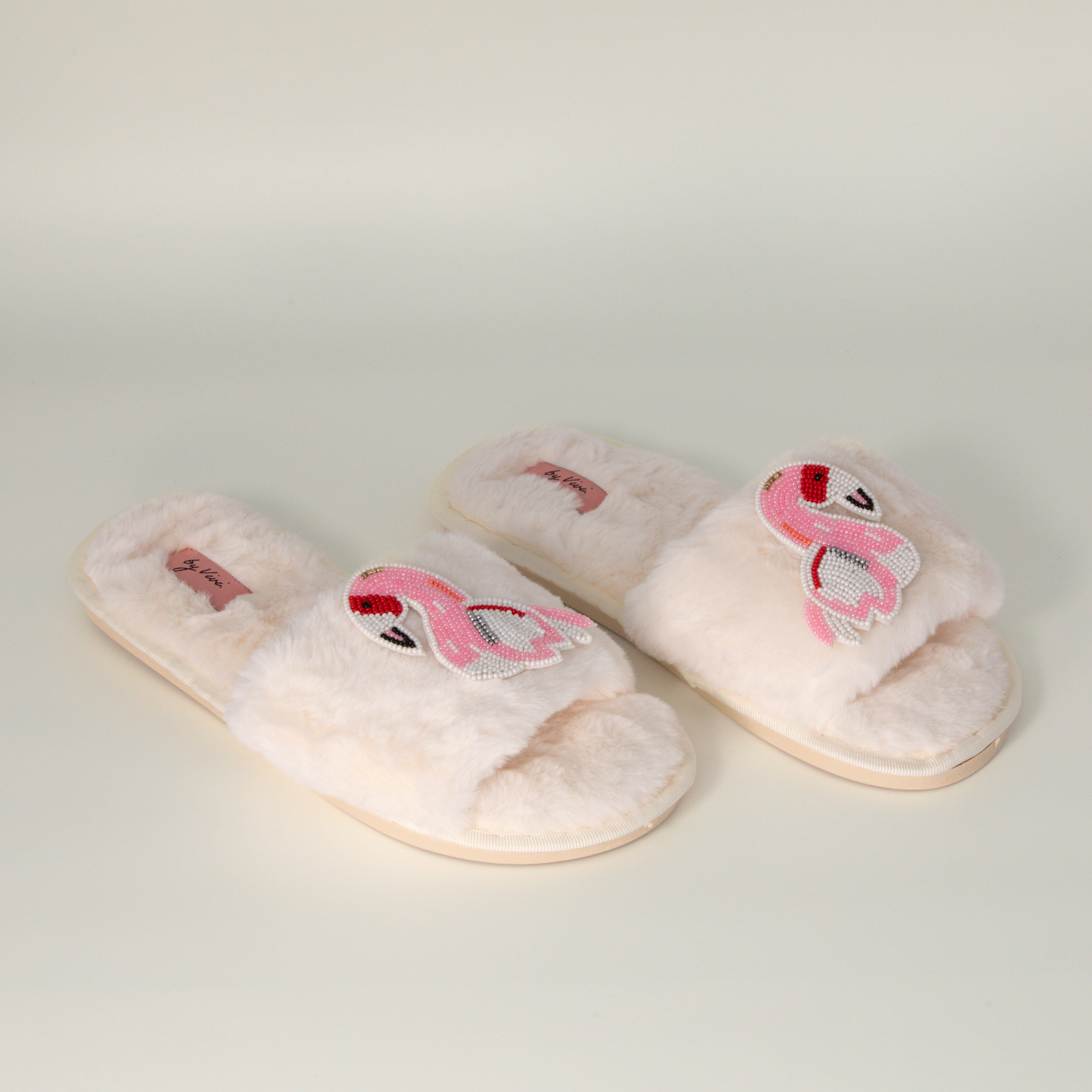 Slipper Weiß mit Brosche Pink Flamingo, 38/39